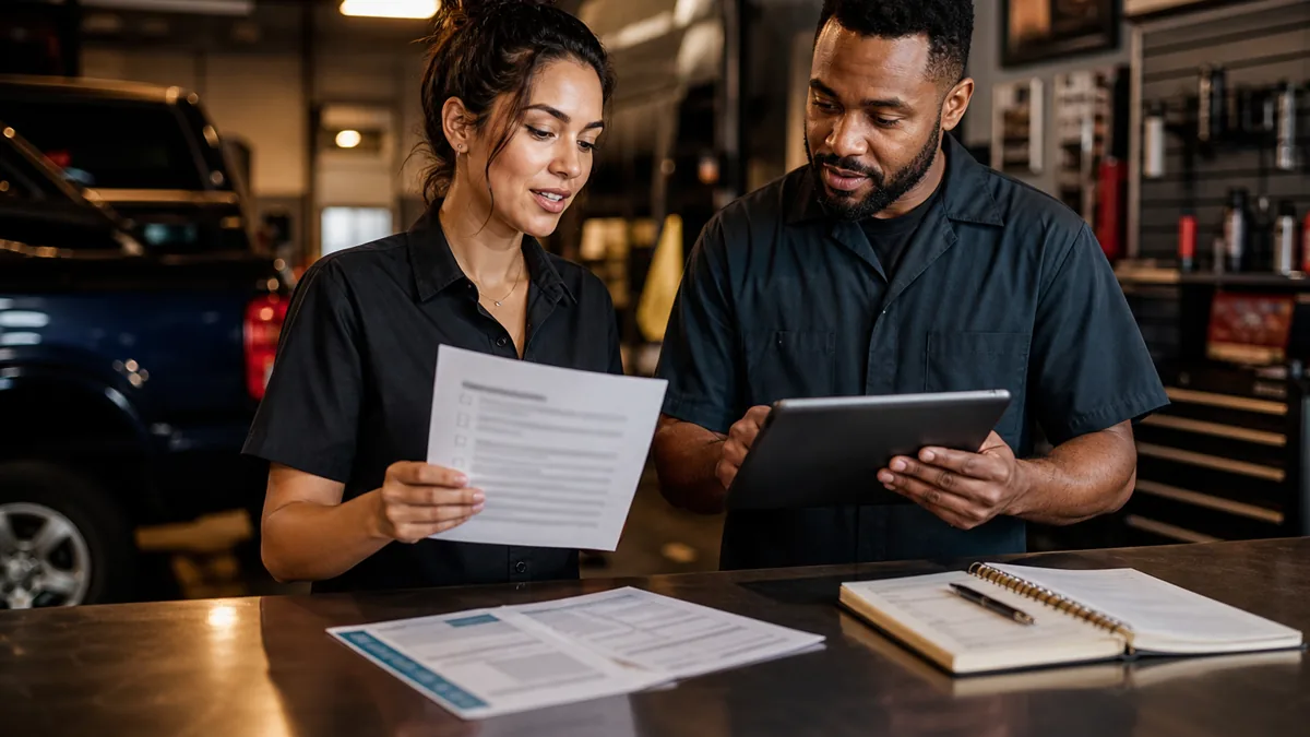 Two employees at a service counter review a tablet, checklist, appointment book, and pricing sheet