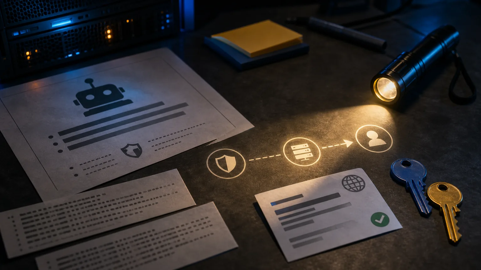 Dark workbench with robots policy sheets, server logs, access keys, and a flashlight path to a customer request