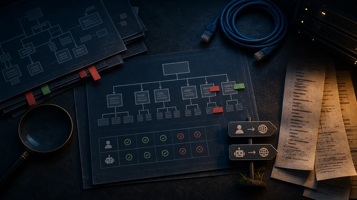 Overhead access decision table with a site map, server log receipts, red and green markers, and crawler signposts