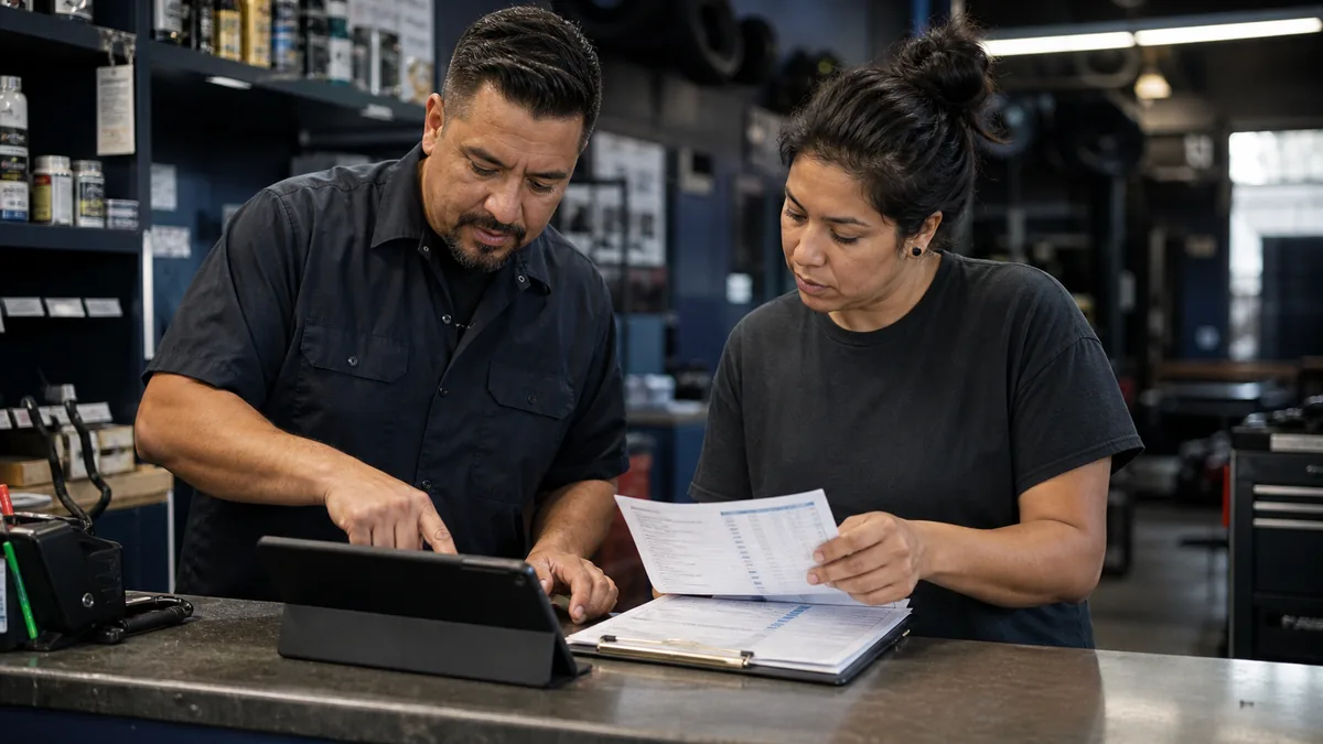 Two people at a local service counter reviewing a tablet, printed log sheet, and website access checklist