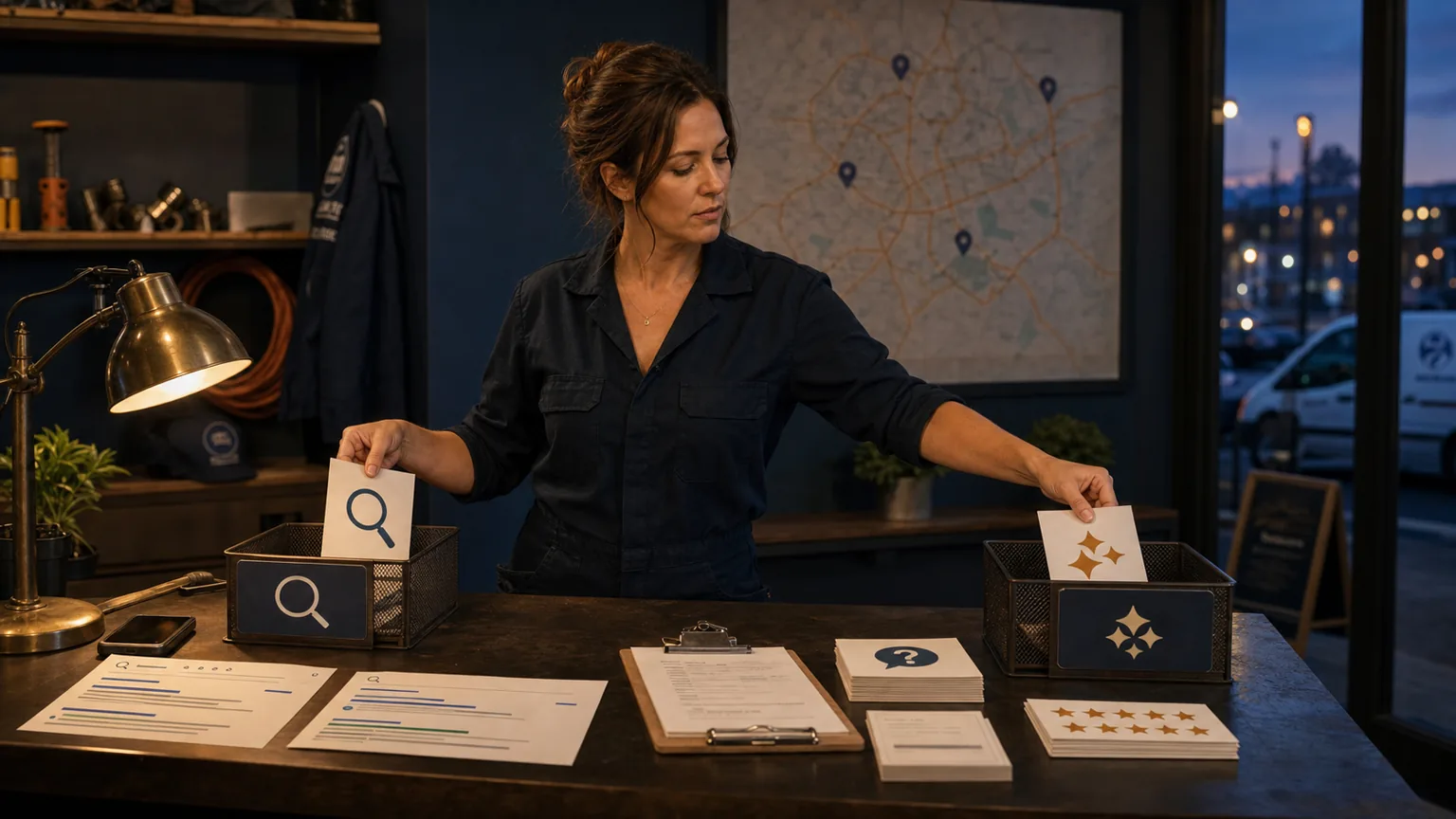 Female business owner sorting search and answer cards at a dark service counter