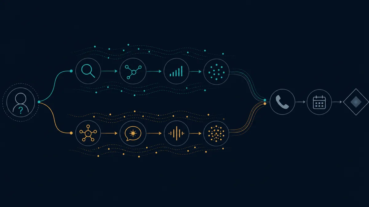 Dark diagram of search and AI answer signals converging on a call and appointment