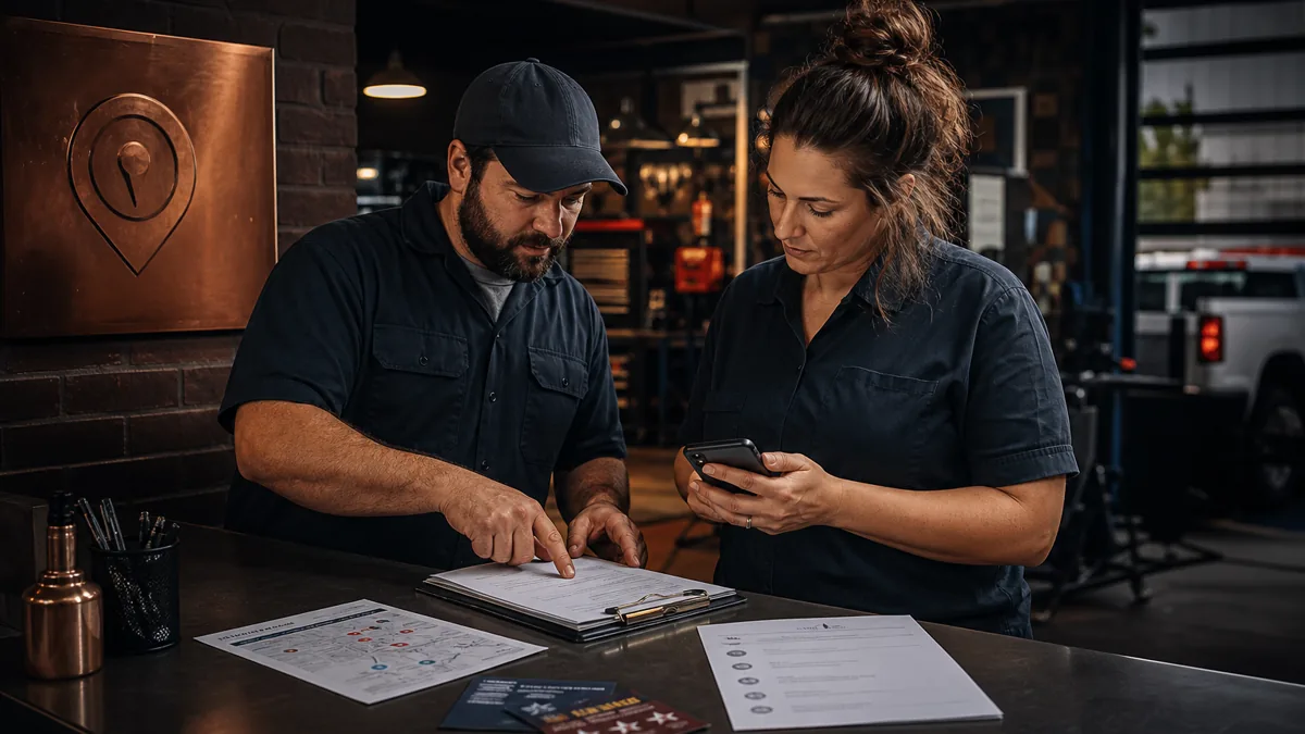 Two repair shop staff review a printed page, review cards, listing sheet, phone, and FAQ checklist