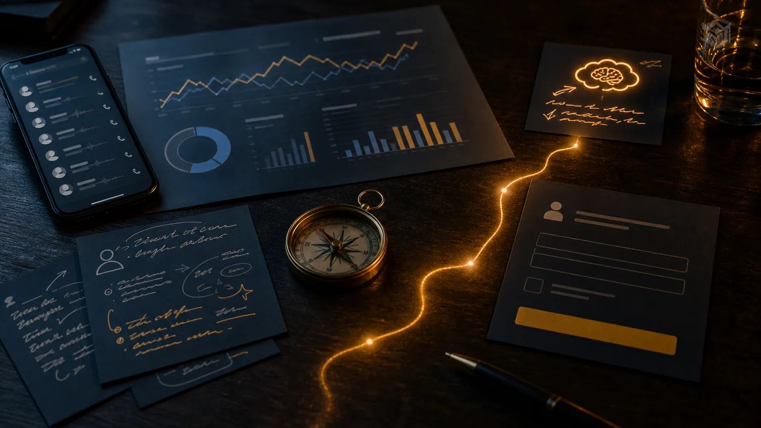 Dark analytics and quote-request workspace with a compass and glowing path across customer evidence