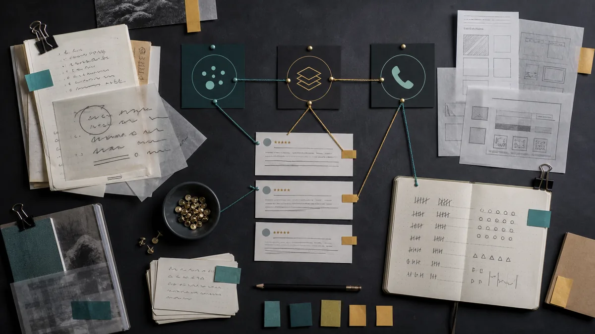 Overhead dark table with source notes, review snippets, call-tracking notebook, page wireframes, and connected buyer-journey strings