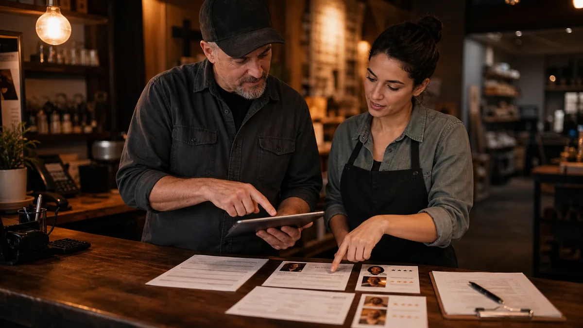 Two employees at a service counter reviewing a tablet, customer questions, review cards, and quote-request checklist