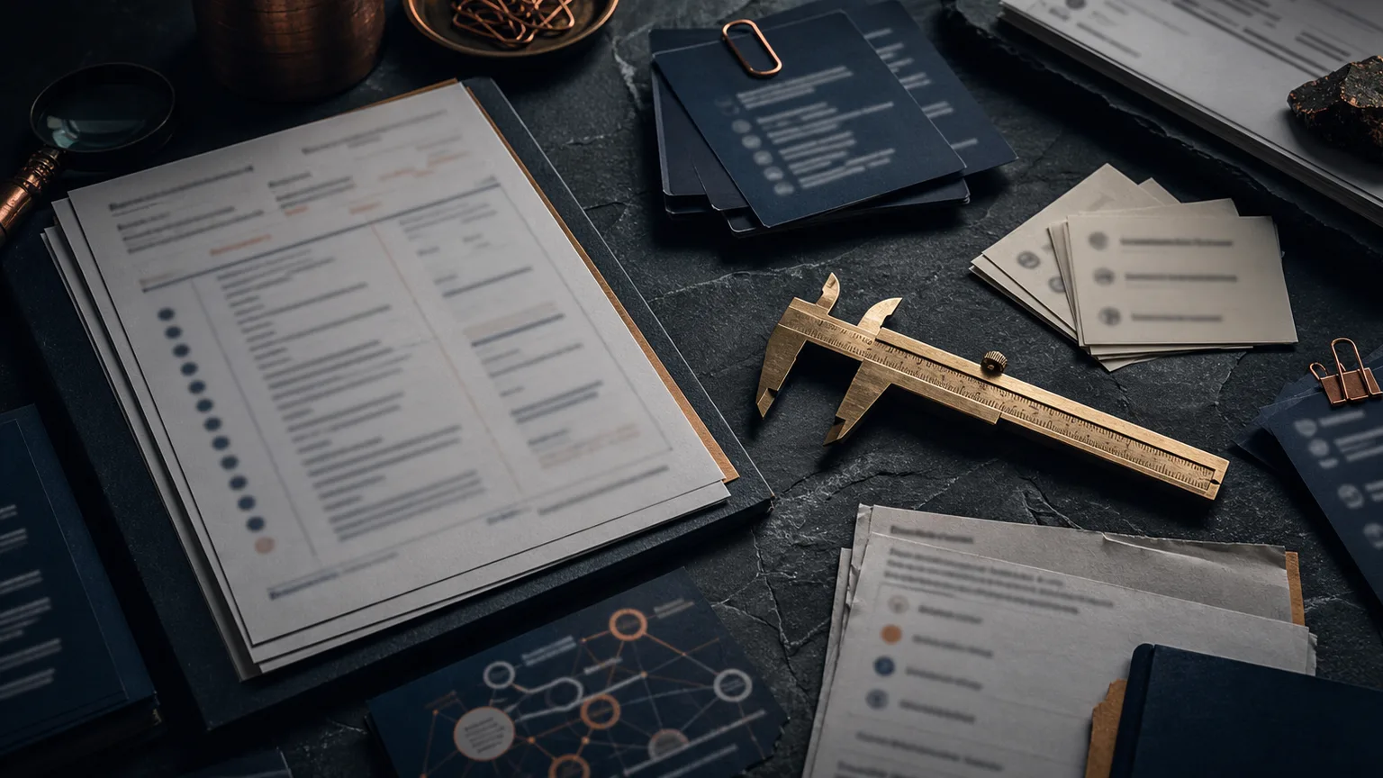 Dark service-scope documents, buyer question cards, and a brass caliper on an evidence table