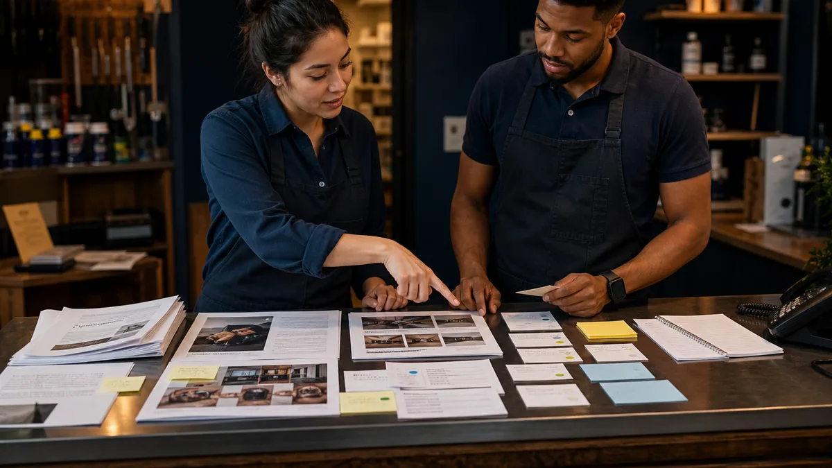Two shop staff review service pages, review cards, source notes, and a phone checklist at a counter