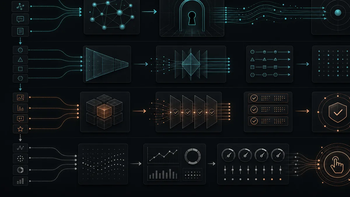 Dark diagram showing access, clarity, proof, and measurement layers flowing toward customer action