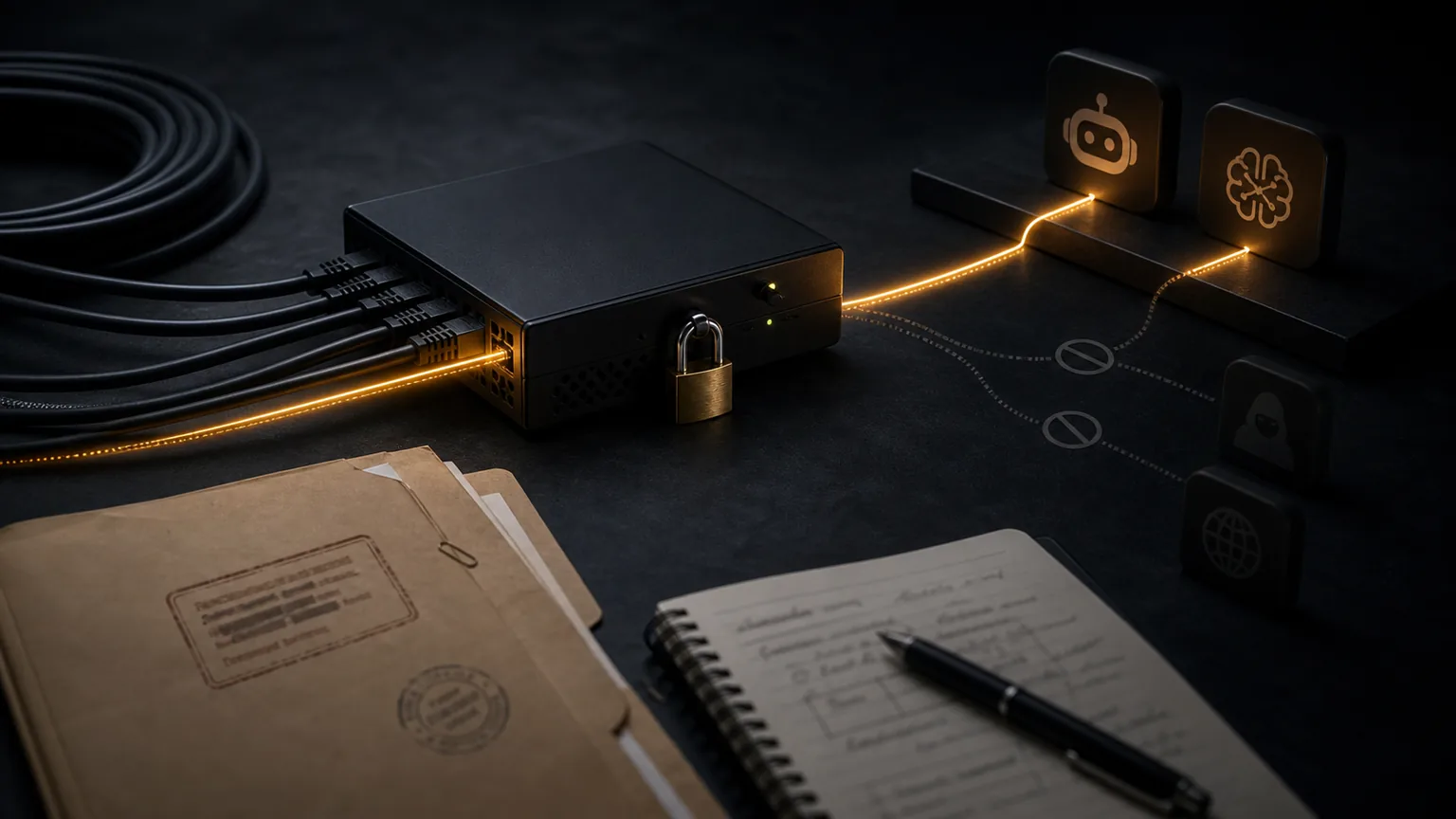 Dark operations bench with a locked gateway, policy folder, network cable, and separated signal paths