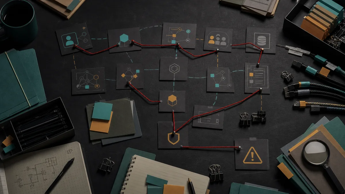 Overhead table with application map cards, access badges, cable labels, notes, and a red string to a policy checkpoint