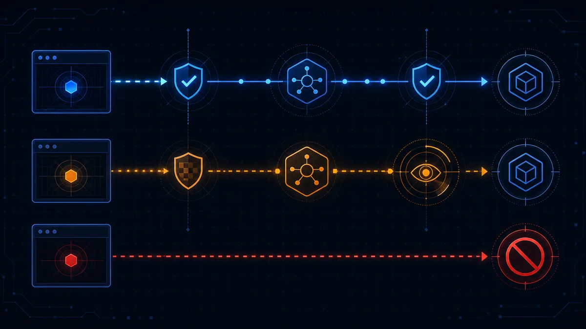 Dark diagram with approved, monitored, and blocked AI tool request routes passing through security checkpoints