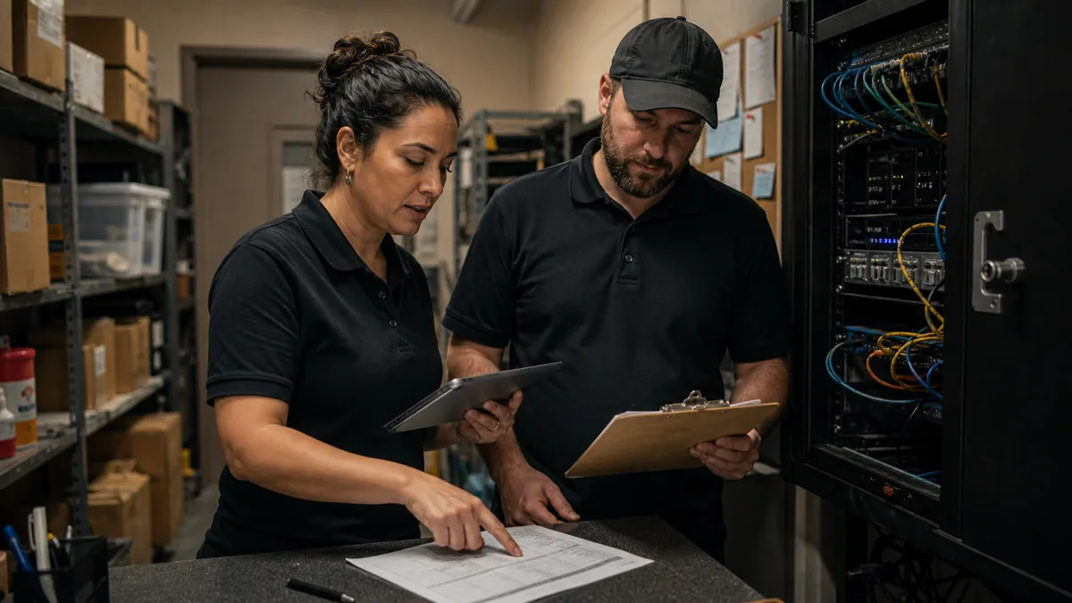 Two team members in a back office reviewing an access checklist beside a router cabinet