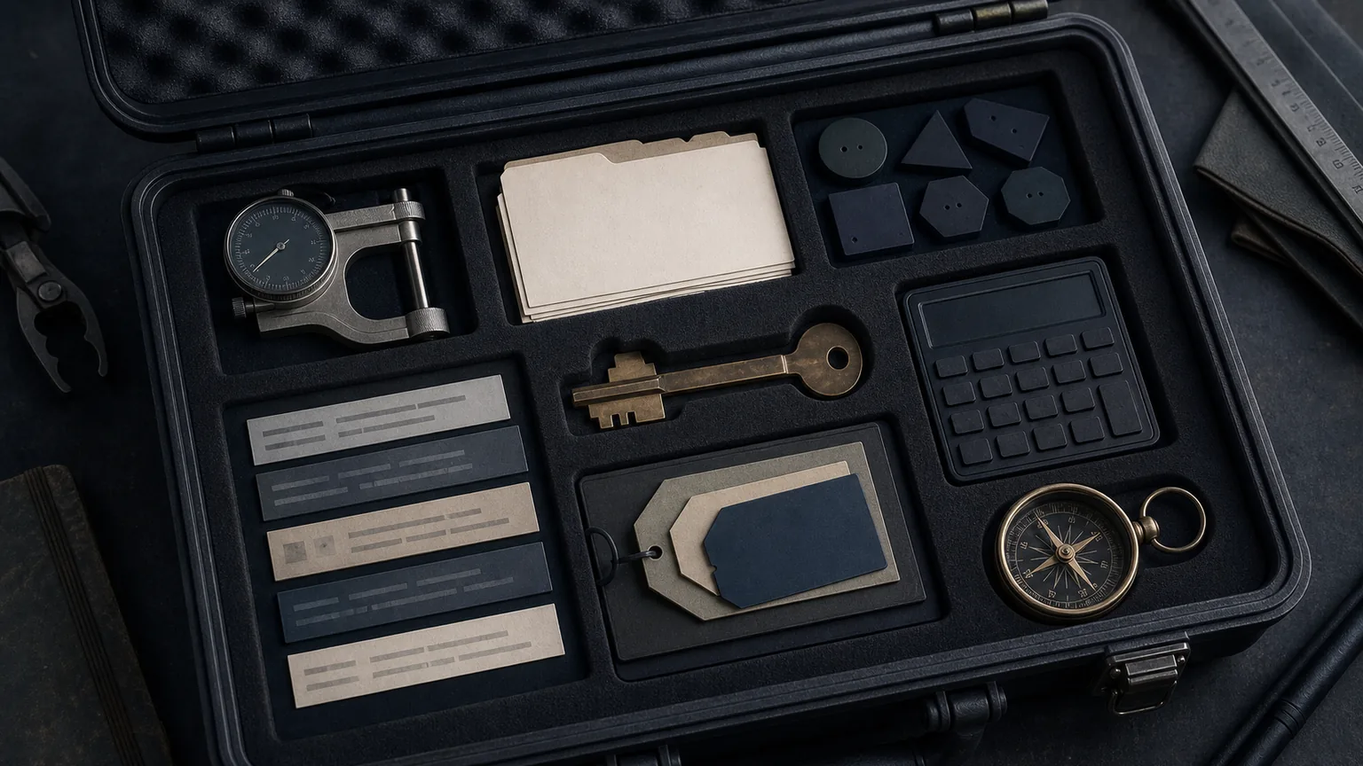 Dark toolkit case with source cards, prompt tokens, a calculator, brass compass, and crawler access key