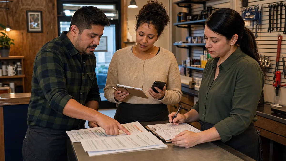 Three staff members at a service counter reviewing printed prompt tests, source notes, a phone log, and a checklist