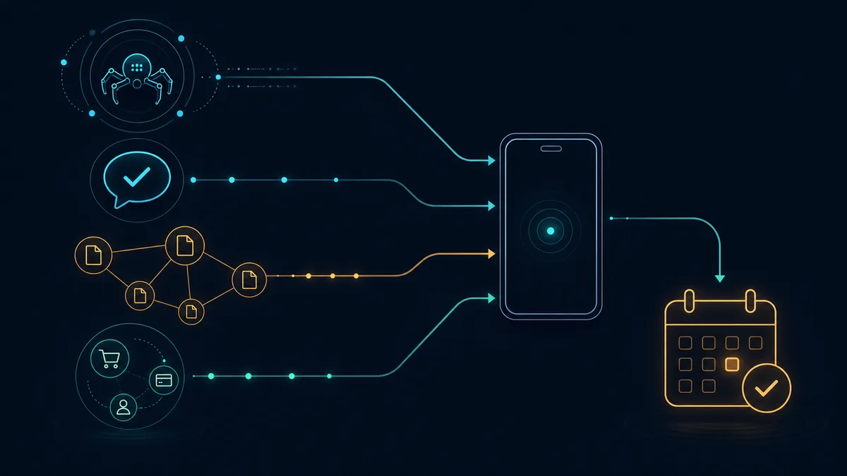 Dark diagram with crawler access, answer testing, source evidence, and business outcomes flowing toward a phone and appointment icon