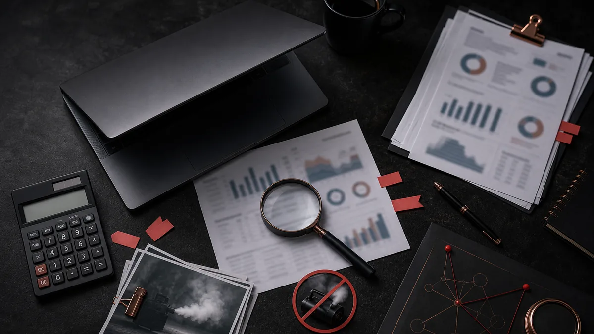 Overhead dark desk with a closed laptop, blurred score sheets, magnifying glass, calculator, source printouts, and crossed-out smoke machine