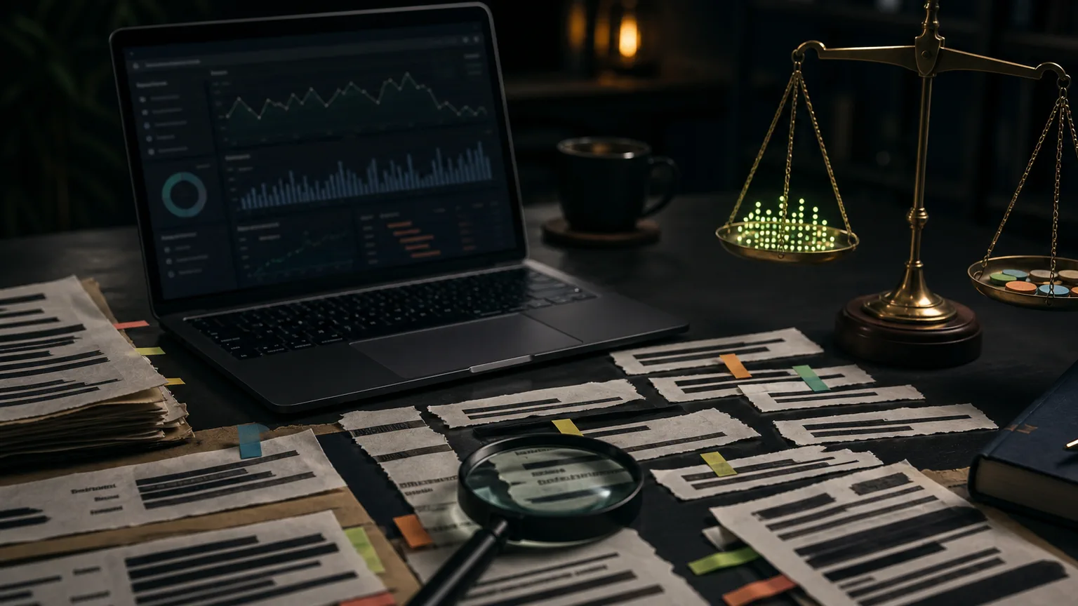 Dark analyst workbench with query fragments, redaction bars, abstract graphs, a magnifying glass, and a brass scale