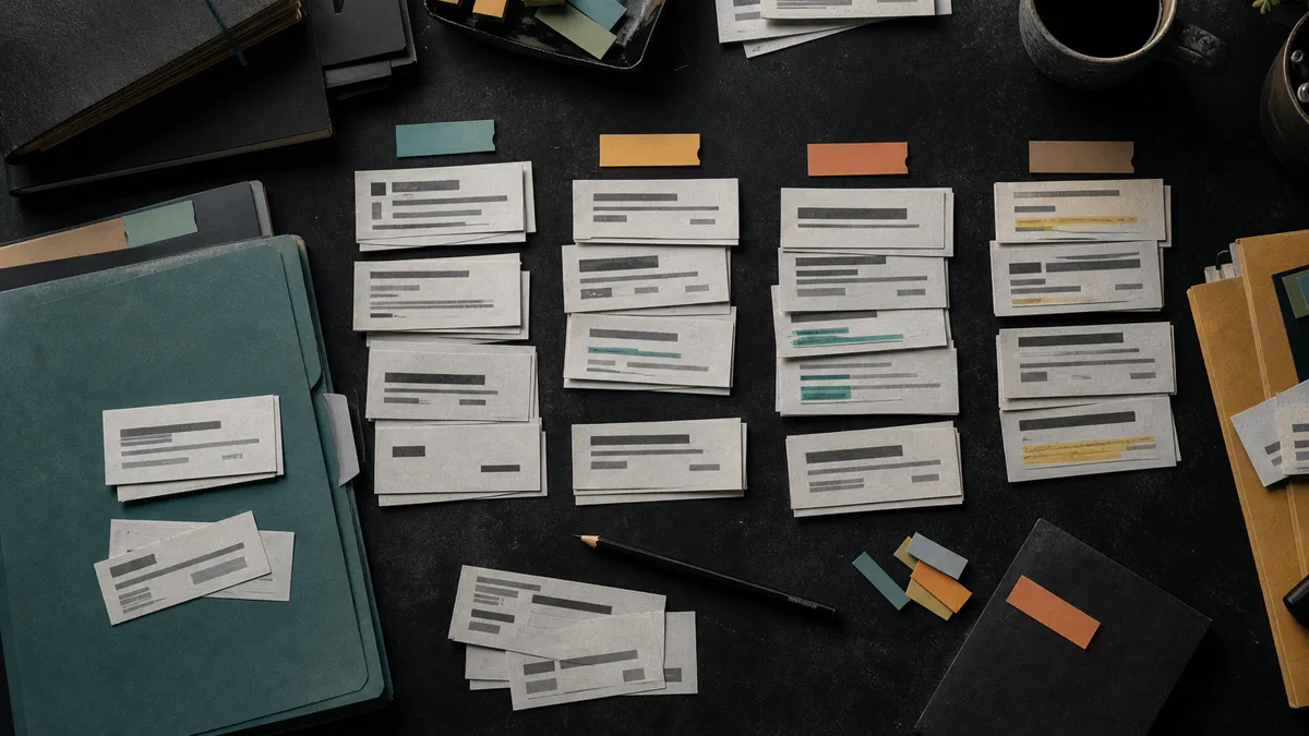 Overhead workspace with anonymous query slips, colored folders, highlighters, coffee, and abstract bucket labels