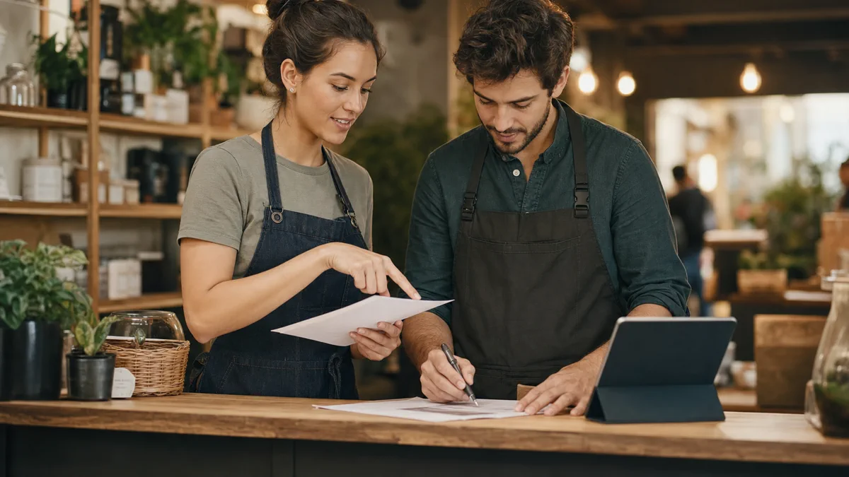 Two team members at a service counter reviewing a tablet and printed customer-question checklist