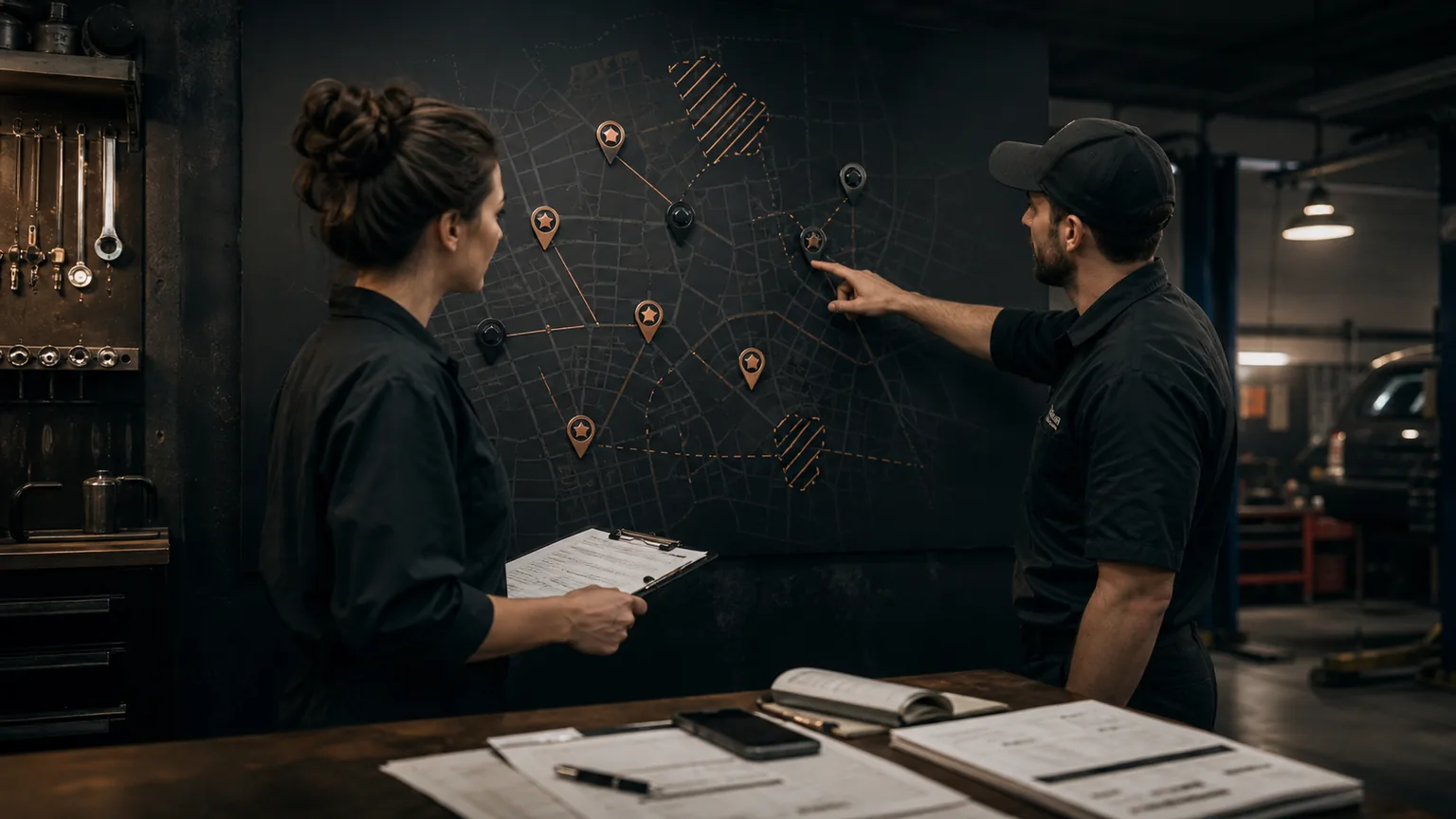 Two staff in a dark service workshop reviewing a source-gap wall map for AI visibility