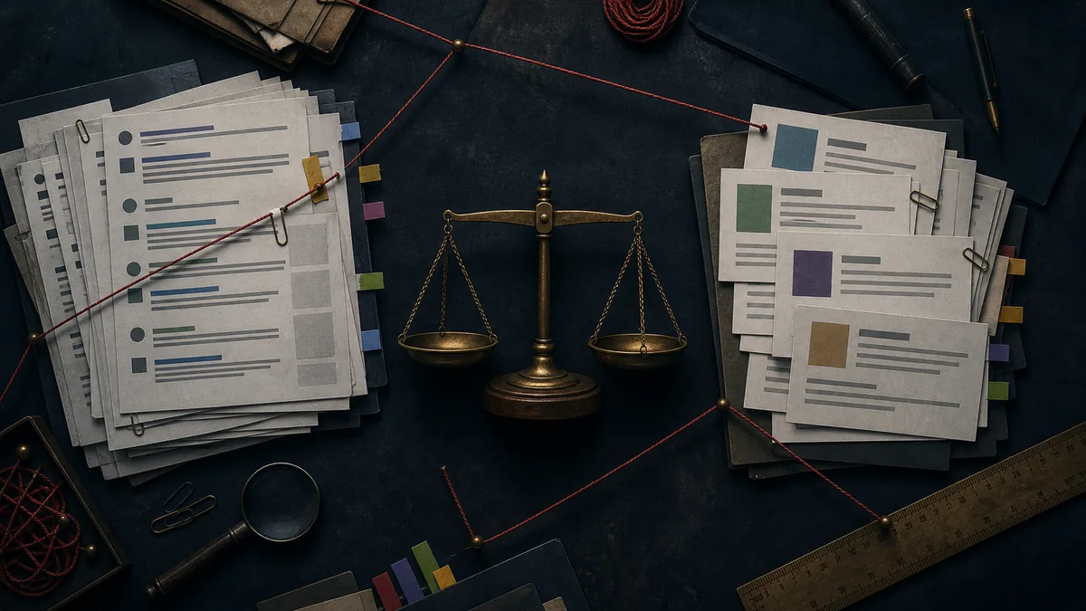 Overhead dark table comparing search ranking slips and AI answer source cards with a brass scale