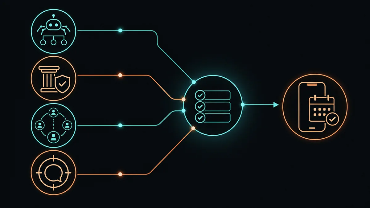 Dark diagram showing access, authority, consistency, and answer fit converging into a booking path