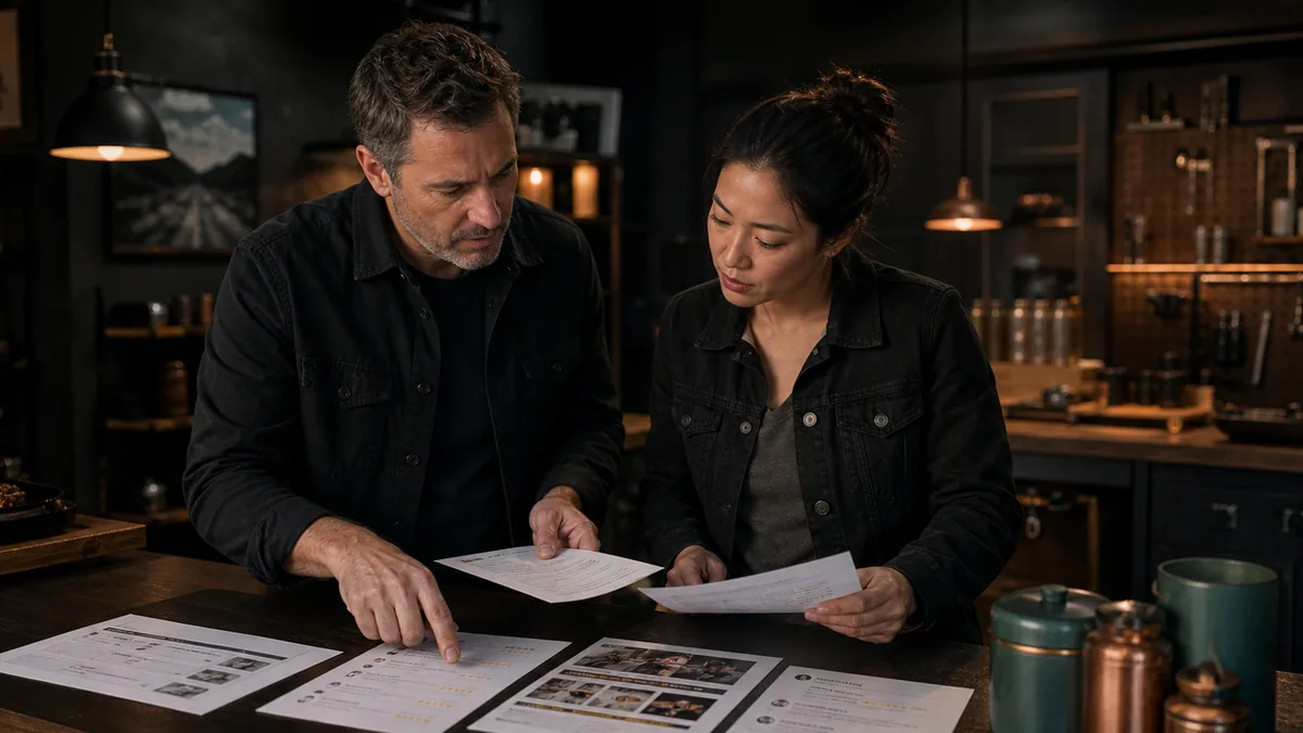 Two people at a dark service counter reviewing source checklists and blurred proof sheets