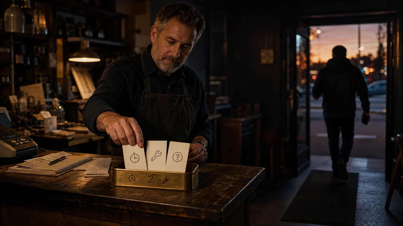 Owner at a dim shop counter sorting customer question cards while a customer exits with a phone
