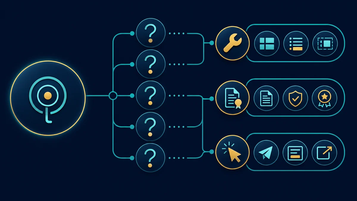 Dark diagram where a broad keyword splits into buyer questions connected to page fixes and lead actions