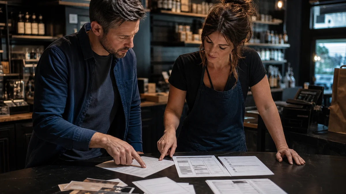 Two standing team members review customer questions, review cards, a service page wireframe, and call checklist