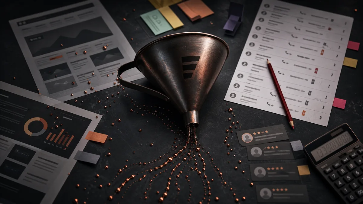 Overhead dark table with a leaky funnel, website printouts, call logs, review cards, and calculator