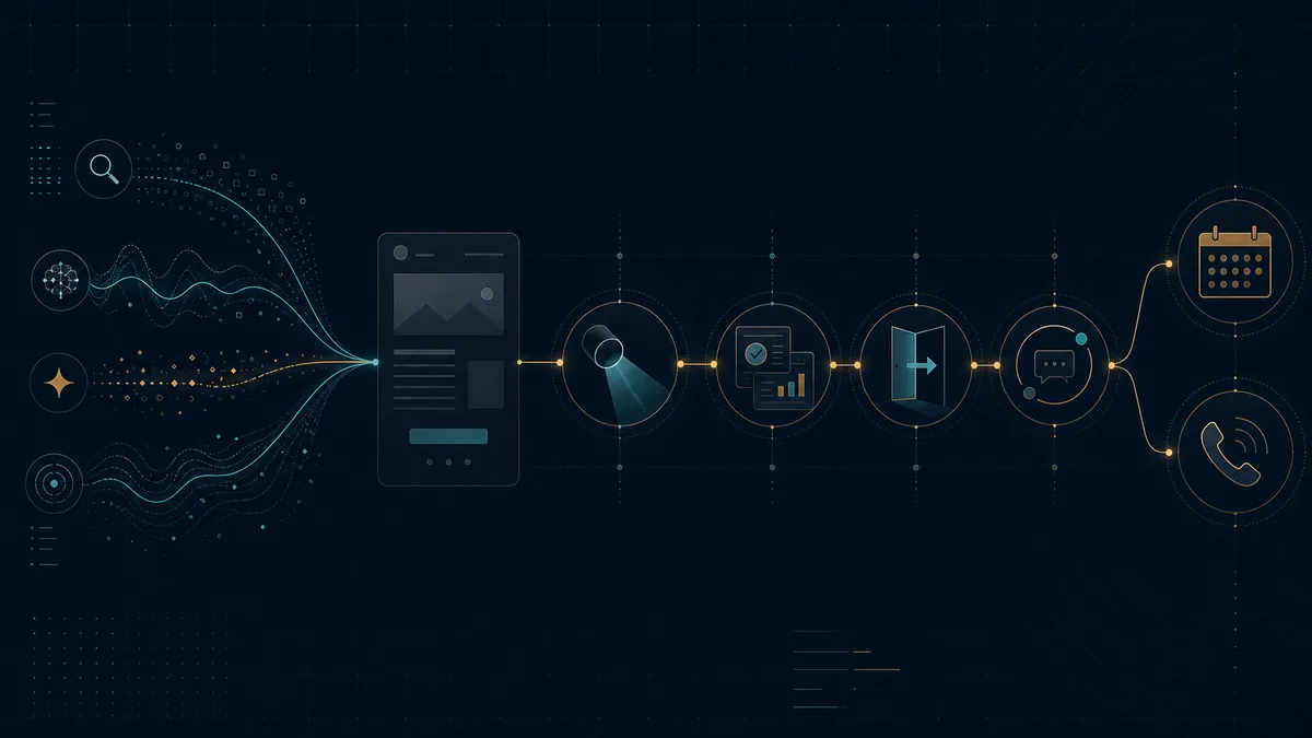 Dark diagram showing discovery signals moving through clarity, proof, next step, and follow-up checkpoints