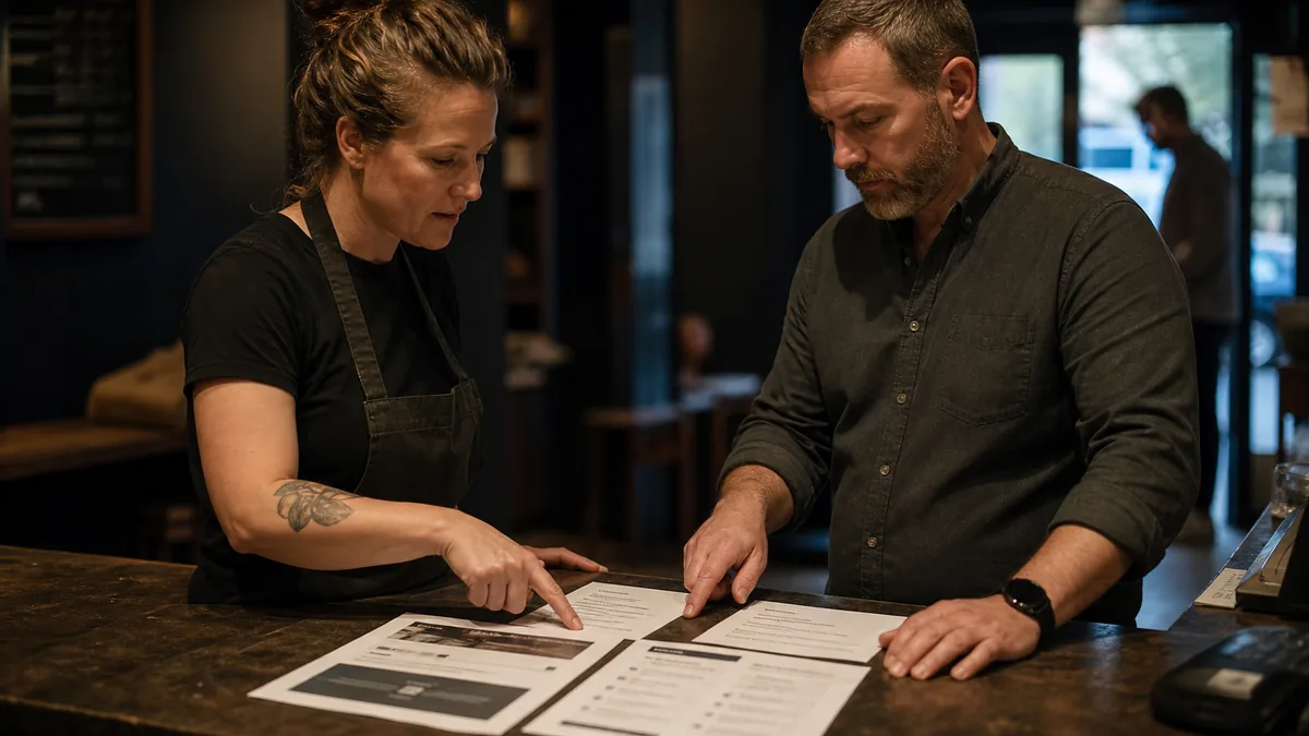 Two people at a dark service counter reviewing printed landing pages, call checklists, and proof notes