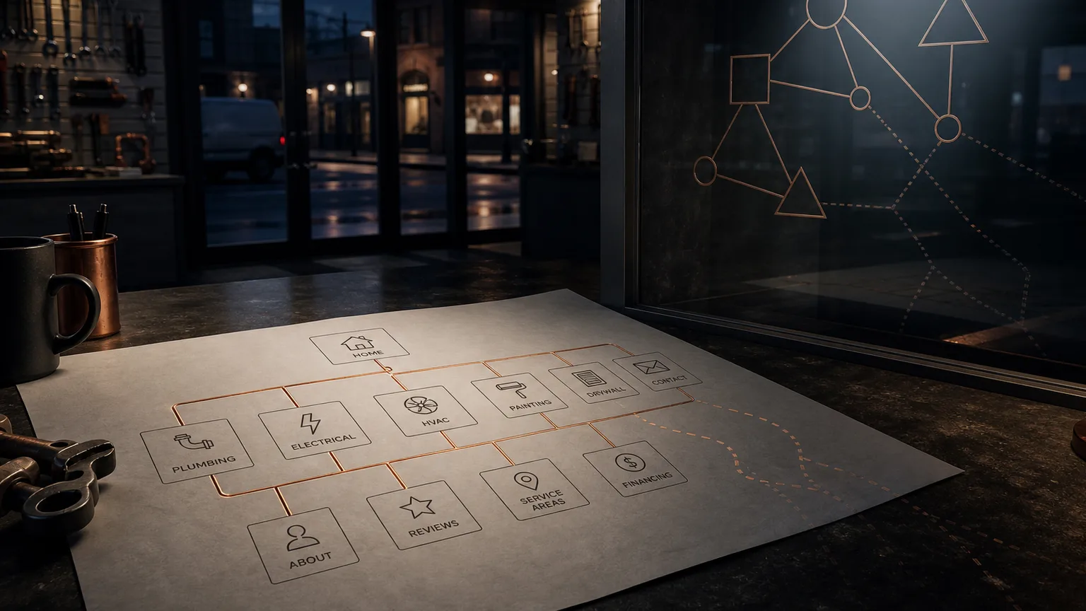 Dark storefront counter with a printed website map showing solid links and broken hidden paths
