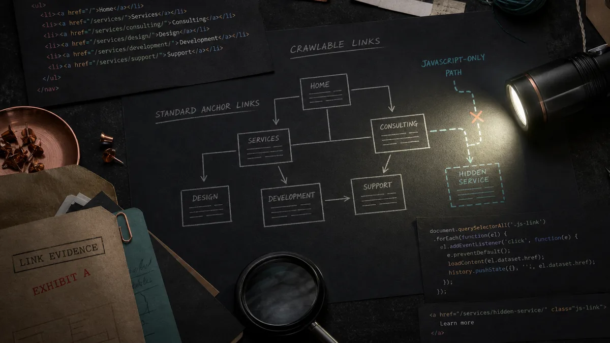 Overhead workbench with HTML snippets, service page cards, anchor links, and a broken JavaScript-only path