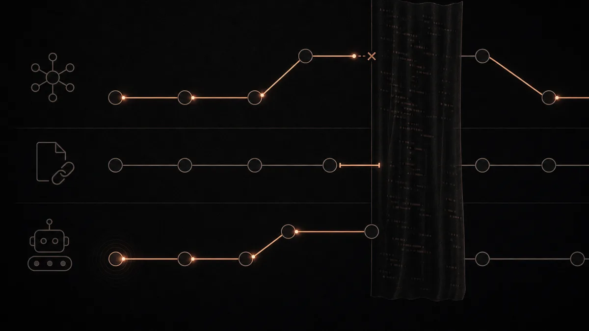 Dark diagram showing a crawler path through normal link nodes while one branch disappears behind a script curtain