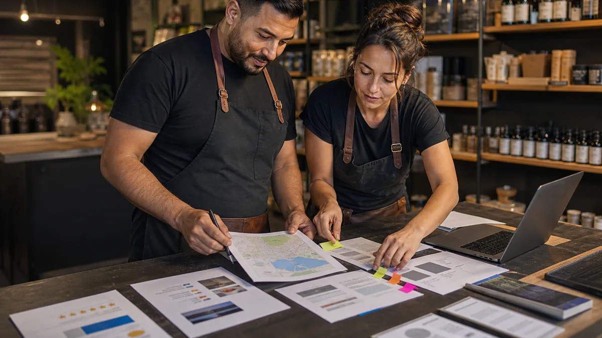 Two coworkers at a dark business counter review a service page map, phone notes, review cards, and sticky tabs