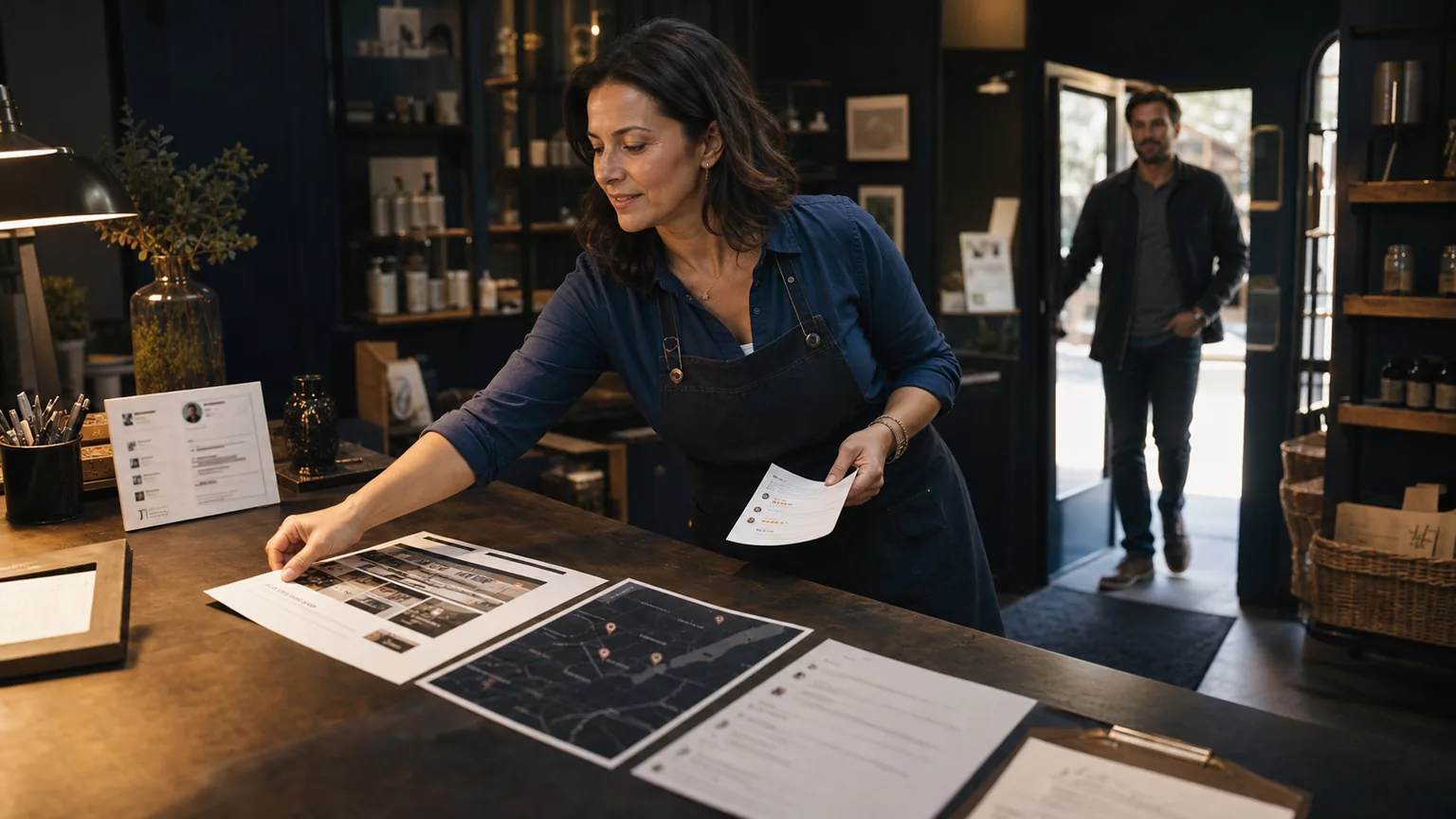 Local business owner arranging website pages and review evidence at a warmly lit counter