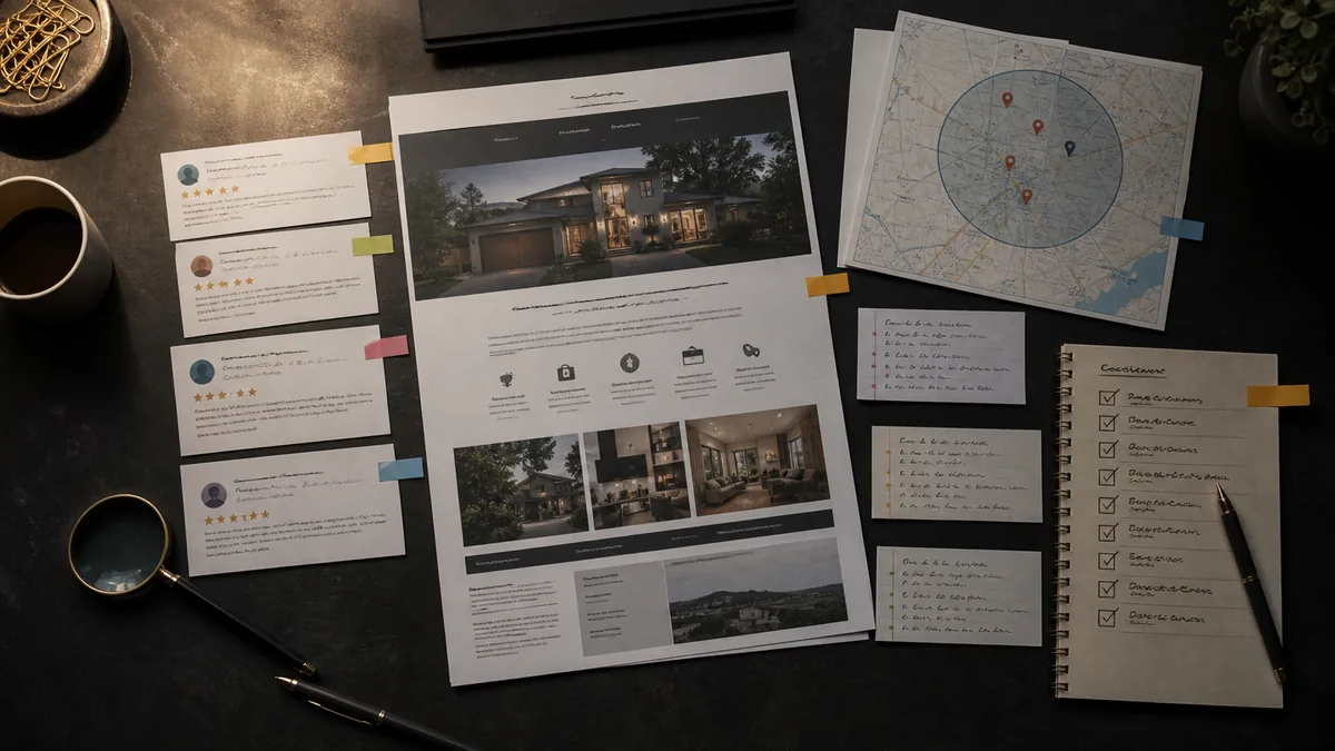 Overhead workspace with business website pages, local map, reviews, and citation notes