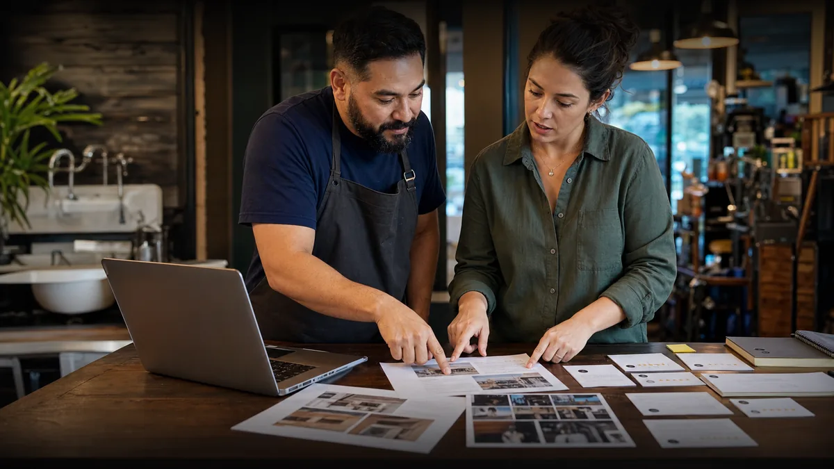 Two people at a business counter reviewing service pages, review cards, and listing evidence