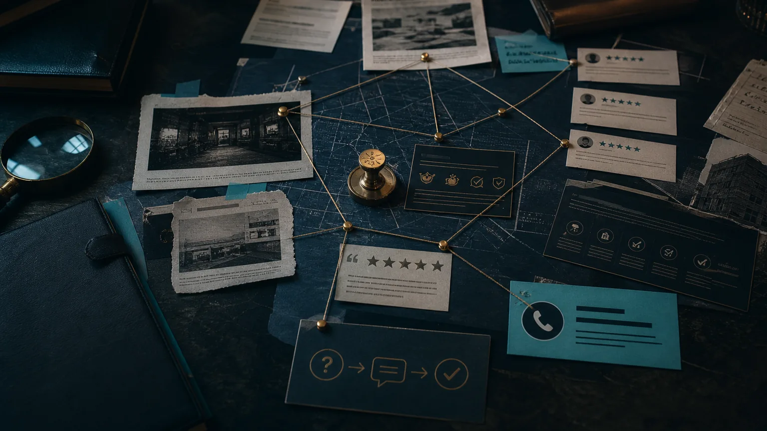 Dark authority map with source clippings, review cards, citation threads, and a customer lead card