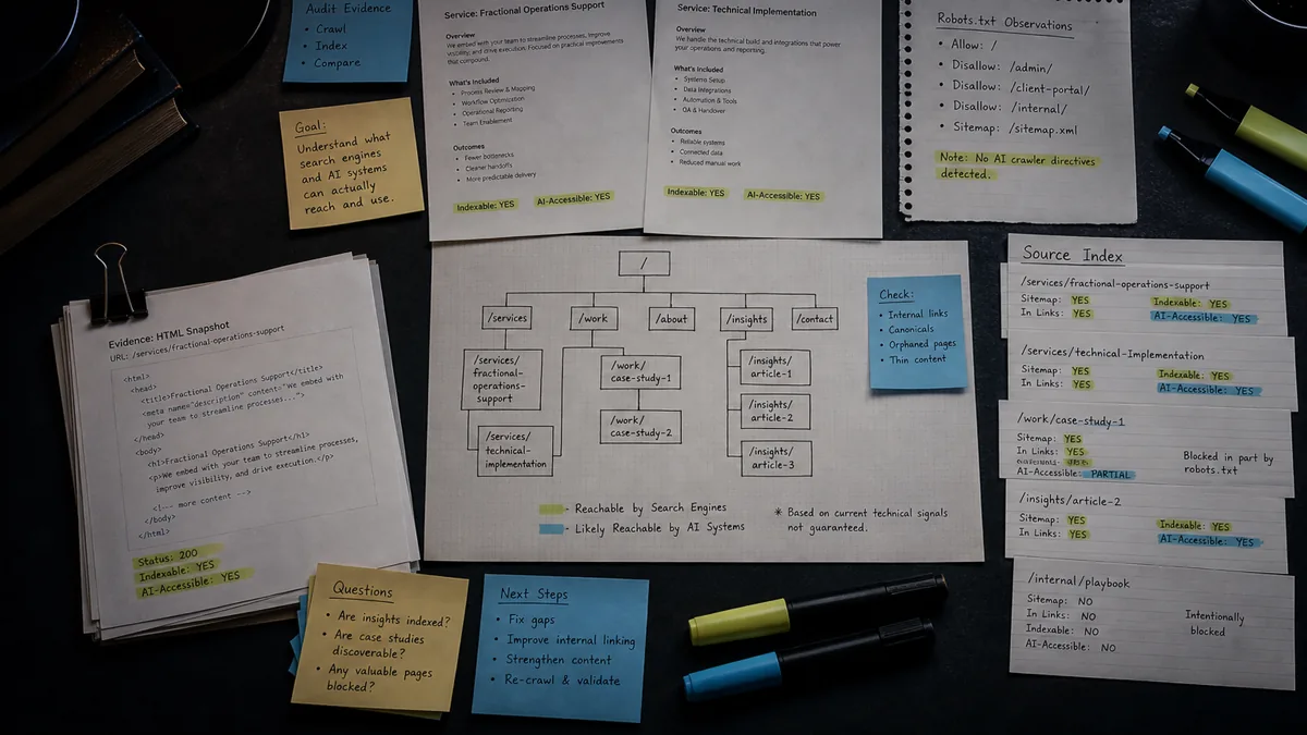 Overhead dark workbench with printed service pages, crawler access notes, a sitemap sketch, source list cards, and highlighted reachable evidence