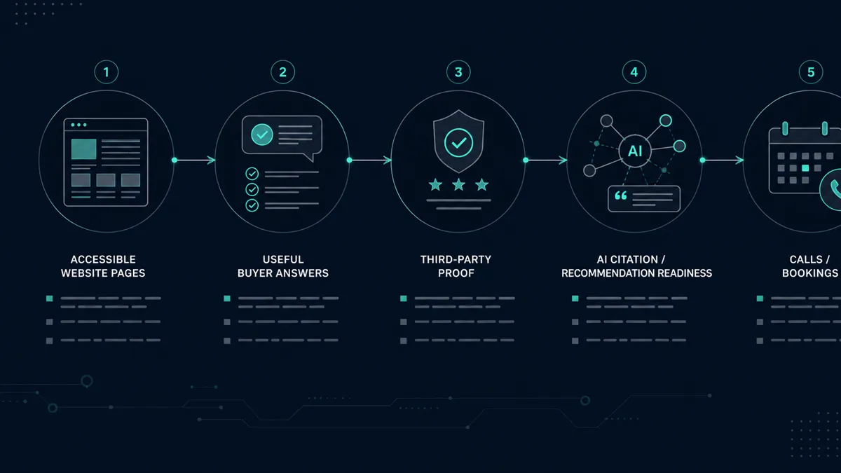 Dark editorial diagram showing accessible website pages, useful buyer answers, third-party proof, AI citation readiness, and calls or bookings