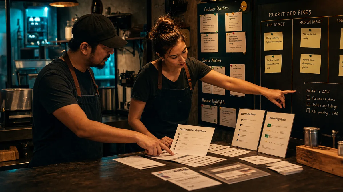 Two standing team members at a dim service counter reviewing customer questions, source mentions, review cards, and a prioritized fix board