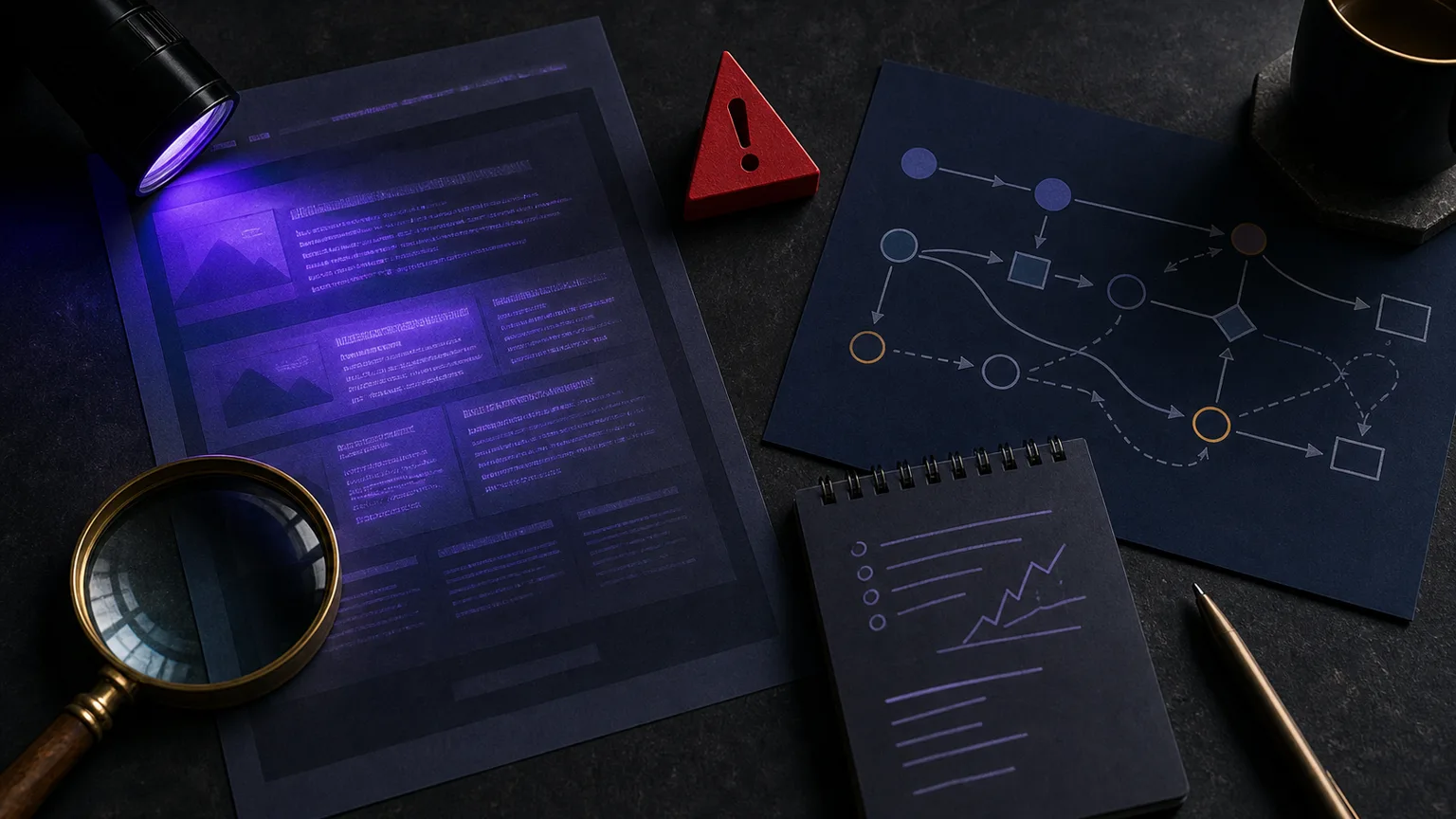 Dark tabletop showing hidden web text under violet inspection light, a magnifier, risk marker, and customer path notes