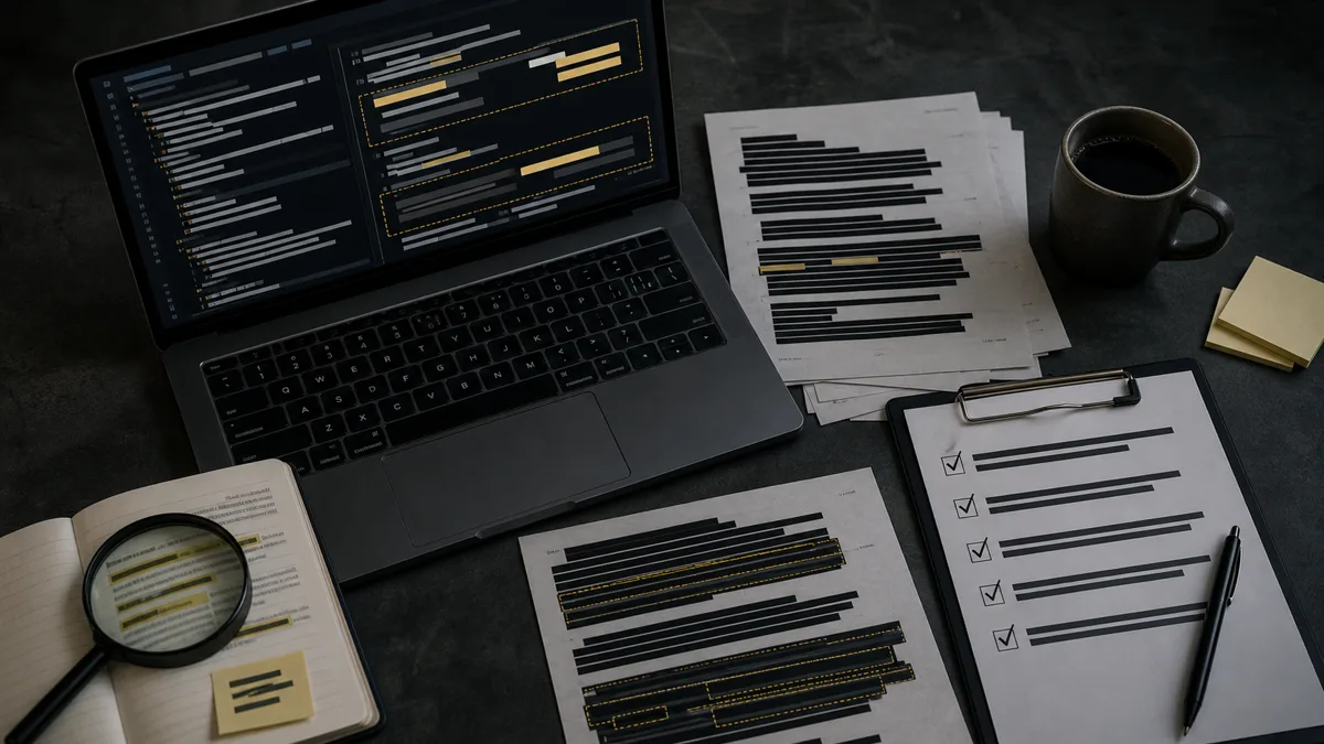 Overhead audit workspace with abstract code blocks, redacted policy notes, a checklist, and coffee on a slate desk