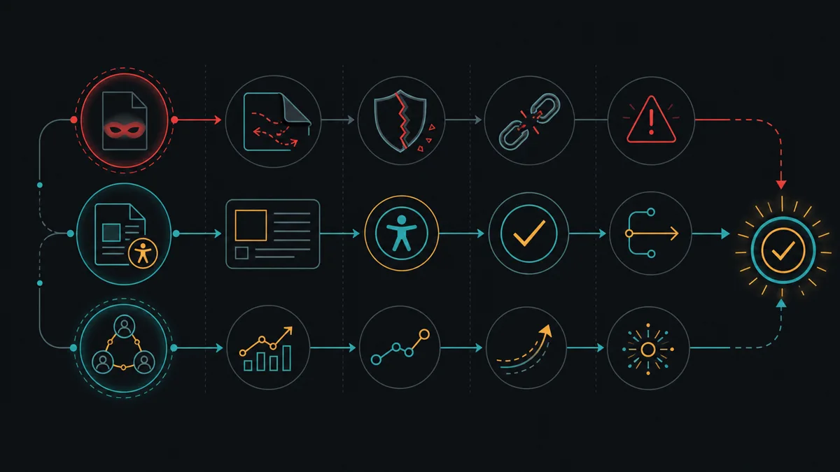 Dark line diagram contrasting hidden instruction tactics, accessible content, and customer outcome paths