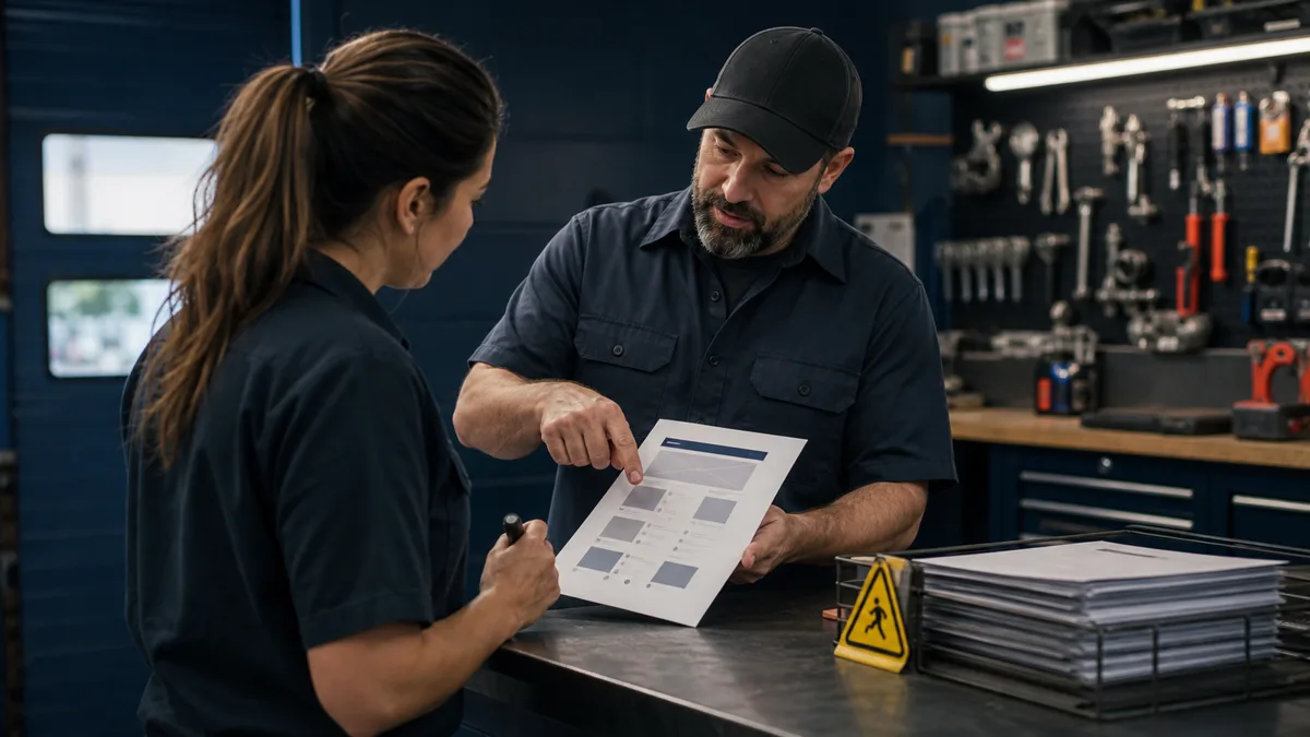 Two people standing at a workshop counter reviewing a service page, proof blocks, and shortcut papers