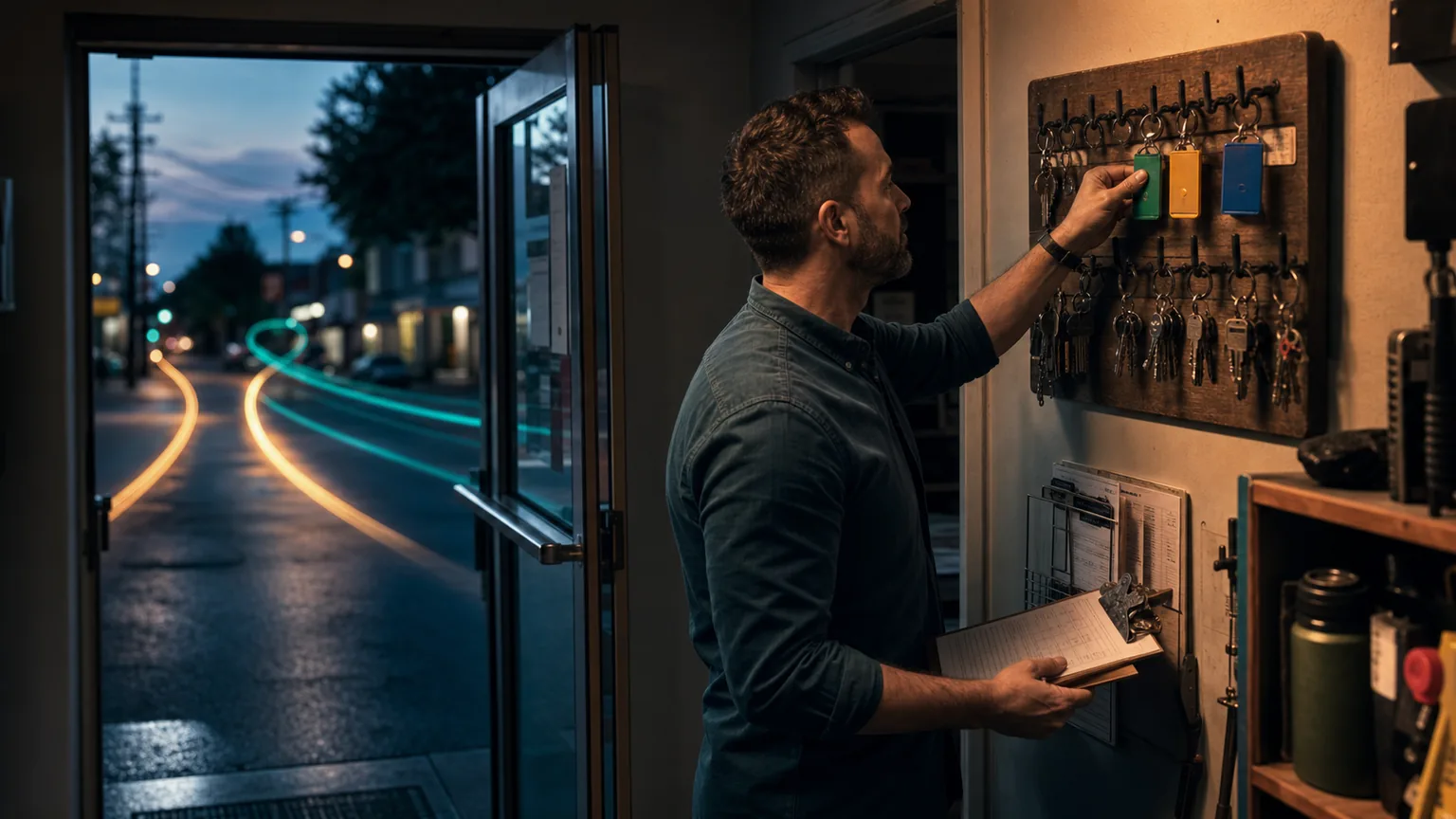 Owner setting access tags by a storefront doorway with subtle crawler light trails outside